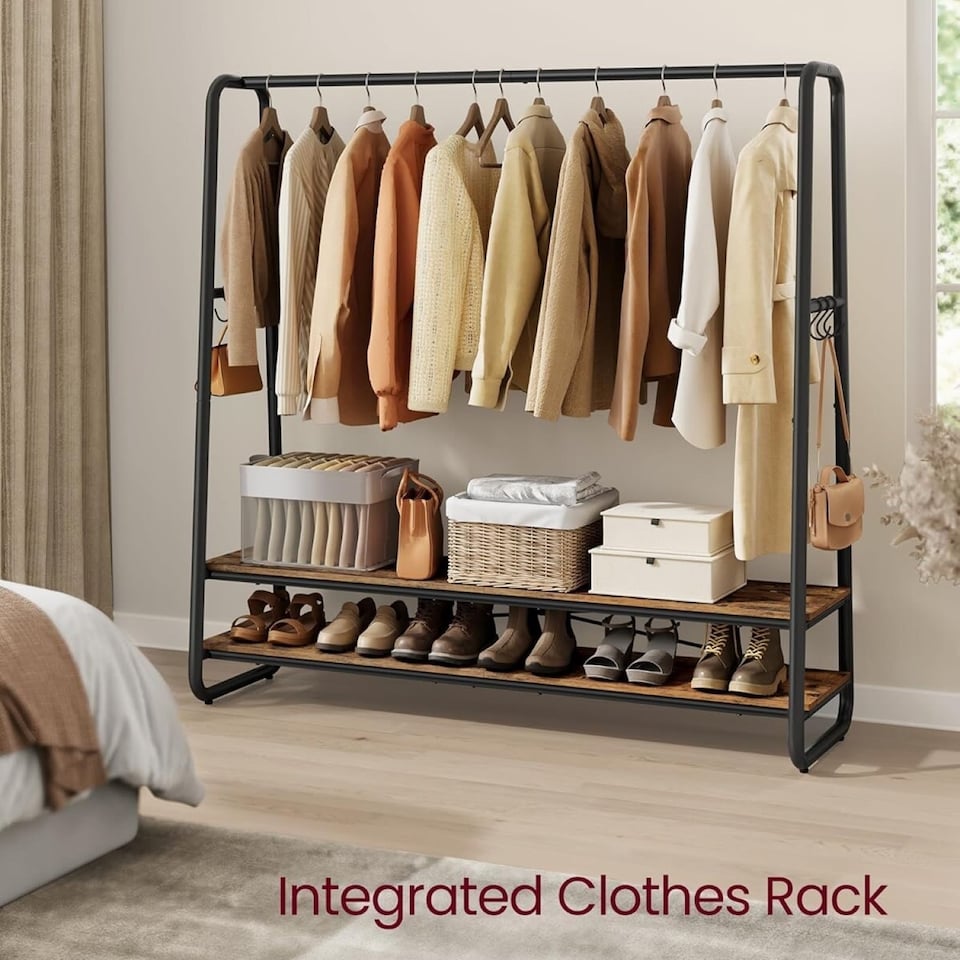 image 1 of Garment Rack with Shelves and Hooks, Bedroom Clothes Rail Storage Unit, Rustic Brown and Black