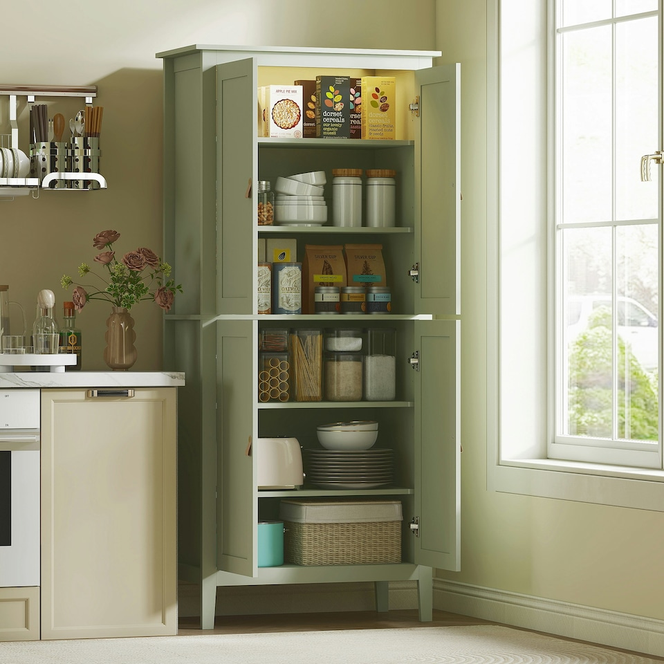 image 1 of HOMCOM Tall Kitchen Cupboard with Motion Sensor LED Light, 3-Colour Dimmable Lighting, 177 cm Freestanding Storage Cabinet with Doors and Adjustable Shelves, White