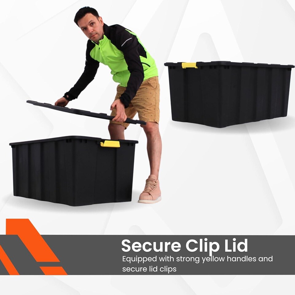 image 1 of Large Plastic Storage Box with Lid (92x58x42 cm) Heavy Duty Container 150L Capacity Black Stackable Box for Garage Pack of 10