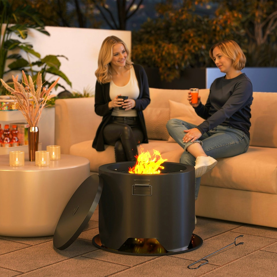 image 1 of Outsunny Outdoor Round Fire Pit with Lid, Firepit with Fire Poker, Black