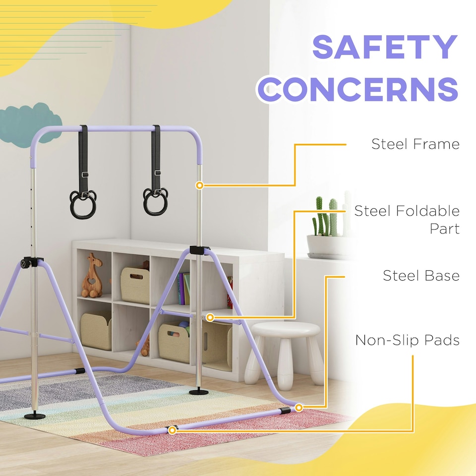 image 1 of HOMCOM Adjustable Height Foldable Kids Gymnastics Bar, Purple