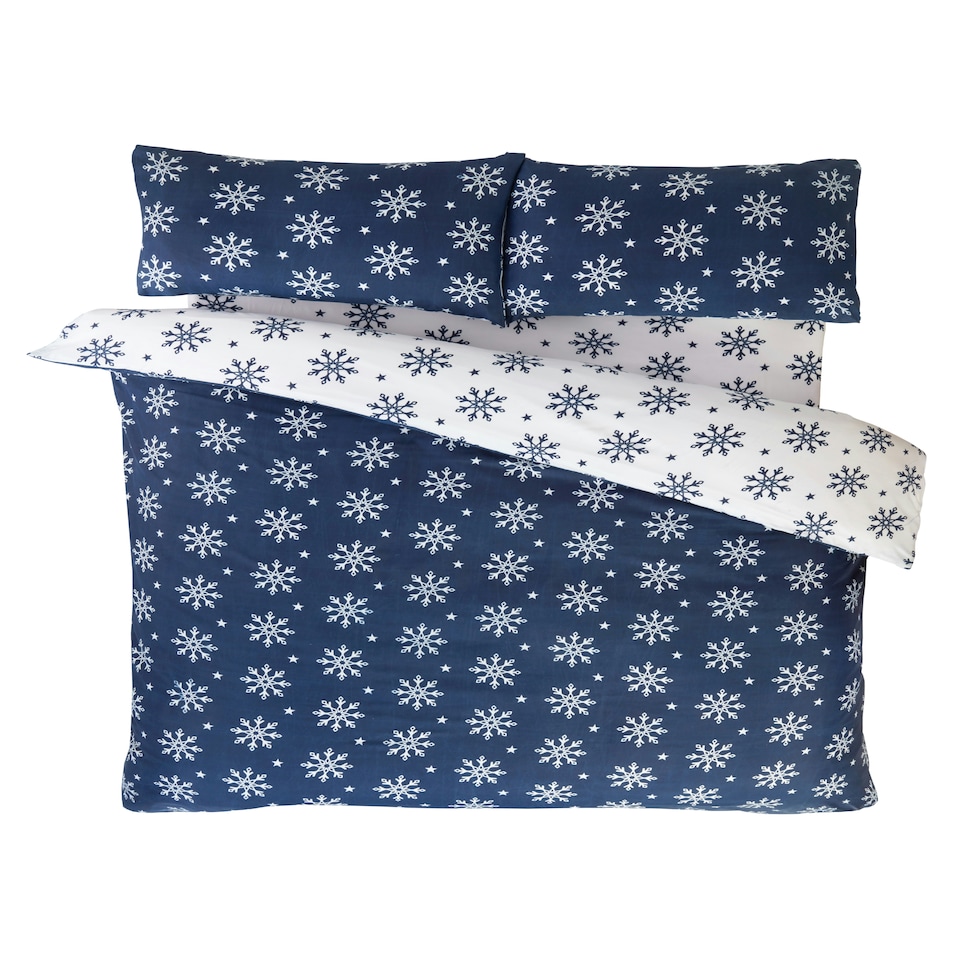 image 1 of Snowflake Reversible Microfibre Fabric Complete Duvet Cover Set with Pillowcase and Fitted Sheet (Blue) Blue | Single