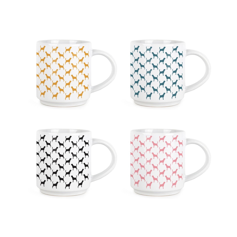 image 1 of Beagle Stacking Mugs Set - Colourful Silhouettes Ceramic Cups Set of 4 with Metal Stand, Dog Gifts | White