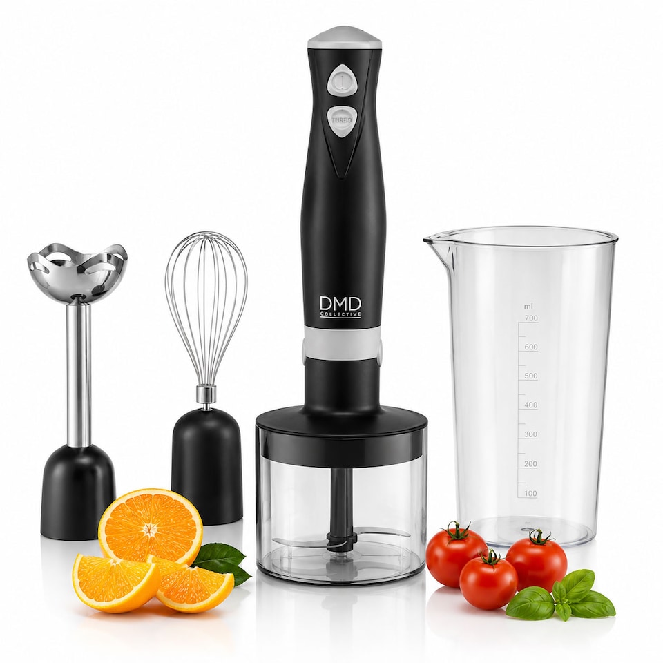 image 1 of DMD 5-In-1 Immersion Hand Blender Set, Fruit & Veg Mini Chopper & Whisk Attachment, Stainless Steel Cutting Edges, Compact Food Processor | Black