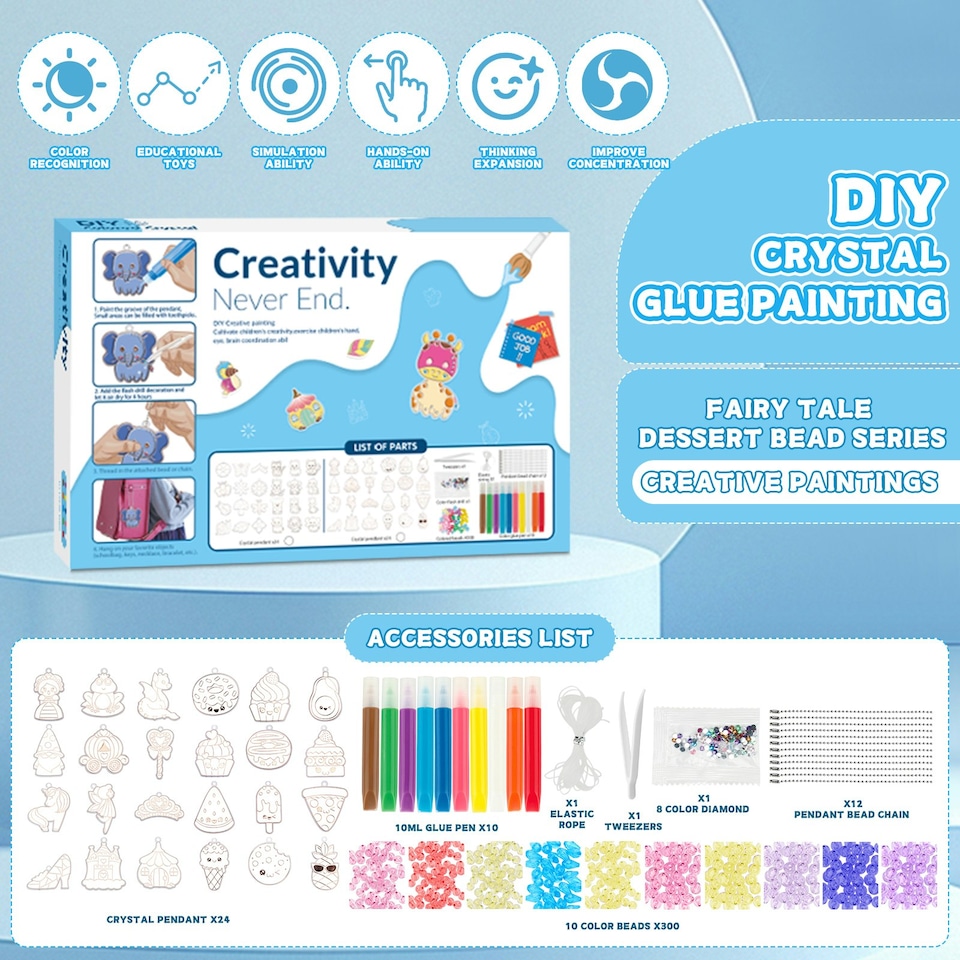 image 1 of DIY Crystal Jewelry Craft Set for Girls Air Dry Crystal Glue Painting Kit with Cartoon Pendants Multi