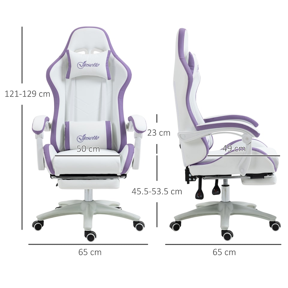 image 1 of Vinsetto Computer Gaming Chair, PU Leather Office Desk Chair with Footrest, Swivel Wheels, 135 Reclining Back, Lumbar Support, Headrest for Home, White and Purple