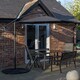 image 2 of Outdoor 6 Person Rectangular Glass Top Garden Dining Table Benches & Chairs With Black Banana Parasol and Base