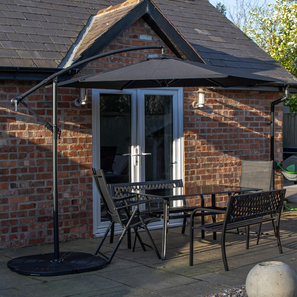 image 1 of Outdoor 6 Person Rectangular Glass Top Garden Dining Table Benches & Chairs With Black Banana Parasol and Base