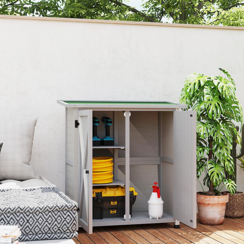 image 1 of Outsunny Wooden Garden Storage Shed, Tool Cabinet Organiser with Shelves and Double Door, 110 x 55 x117cm, Light Grey