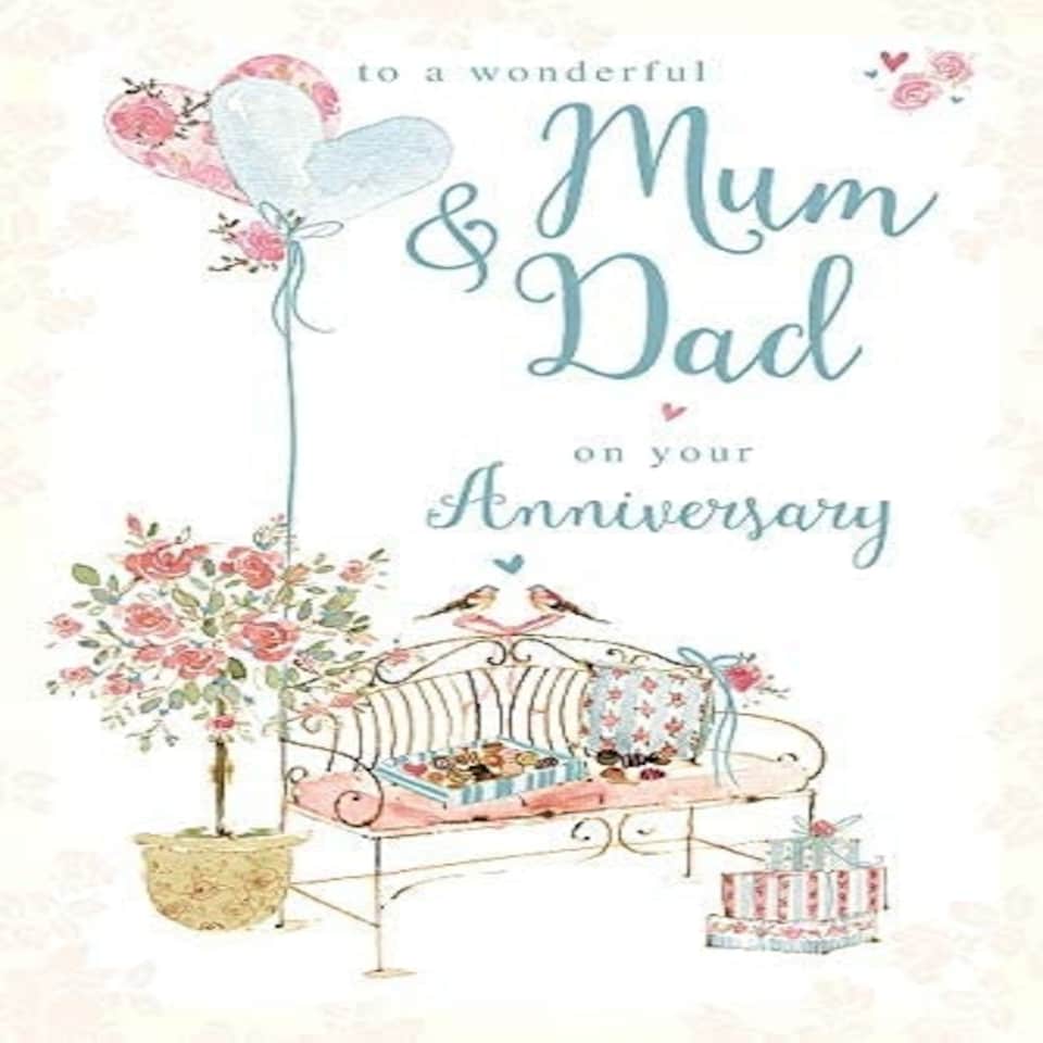 image 1 of Mum & Dad Anniversary Card with Chocolates & Presents on a Bench and Foil Finish