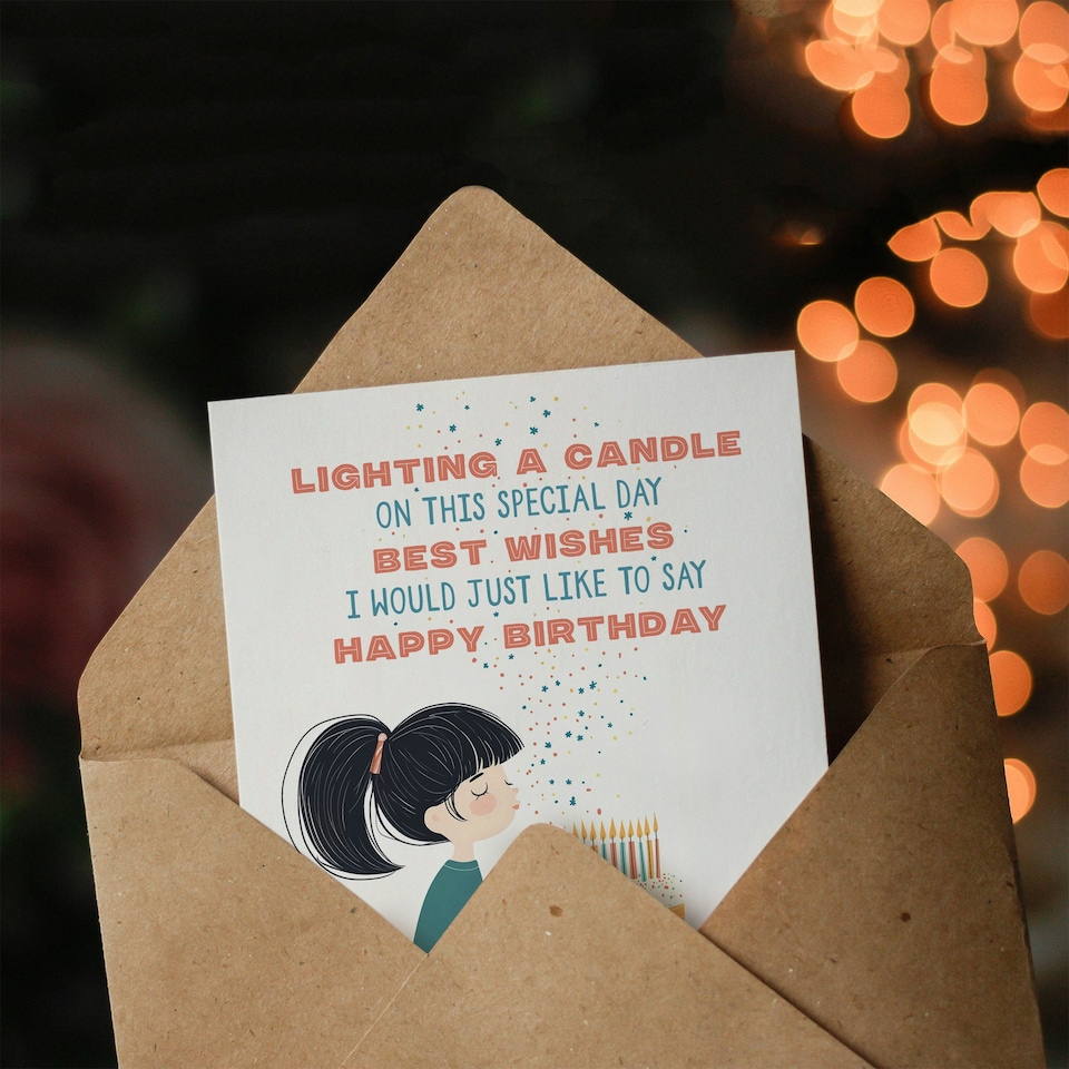 image 1 of Birthday Card Girl With Cake Lighting Candle Best Wishes Poem