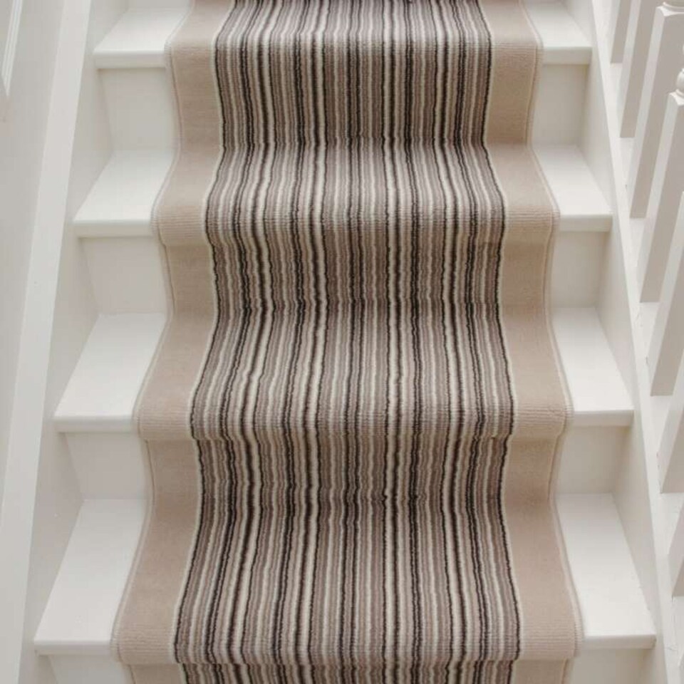 image 1 of KUKOON Beige Striped Cut to Measure Stair Carpet Runner Rug 70cm Wide 70cm x 150cm