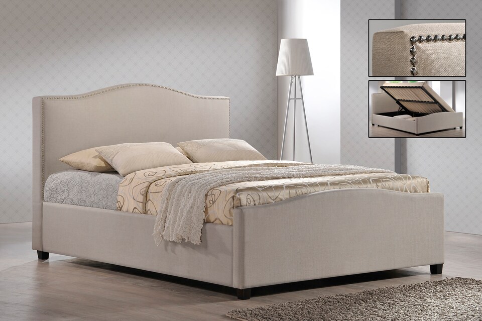 image 1 of 4ft6 Double Sand Ottoman Lift Up Storage Bed, Sand Cream Fabric Upholstered Bed Frame Bedstead. | Multi | Sand | Double
