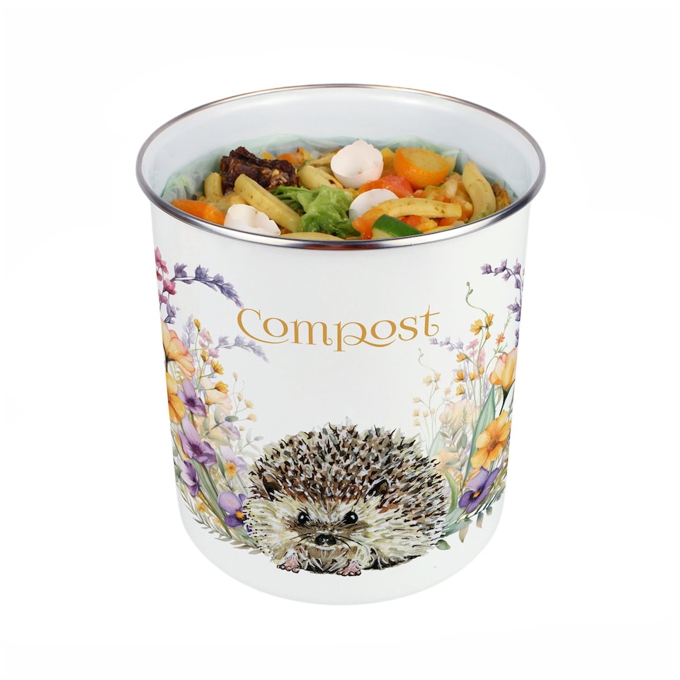 image 1 of Floral Hedgehog Compost Caddy - Metal 2L Decorative Kitchen Food Waste Bin