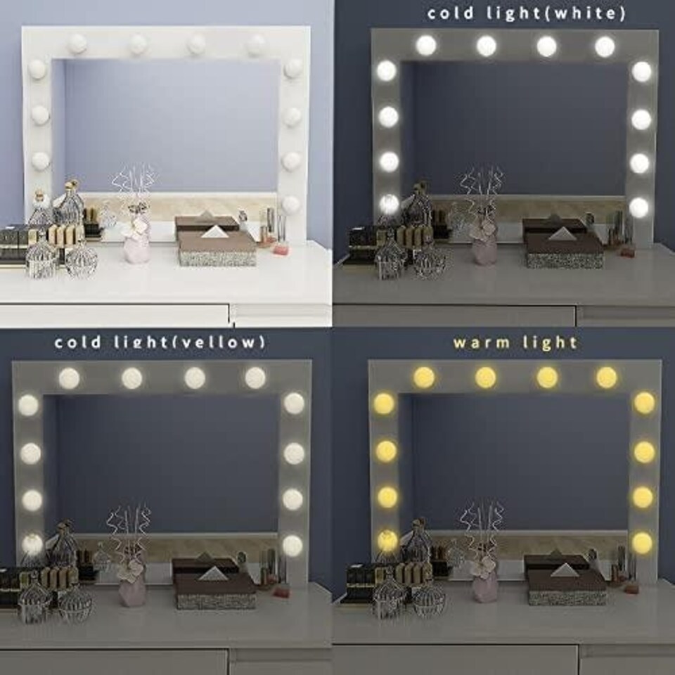 image 1 of White Dressing Table Hollywood LED Mirror Makeup Desk Vanity Table Bedroom Furniture White