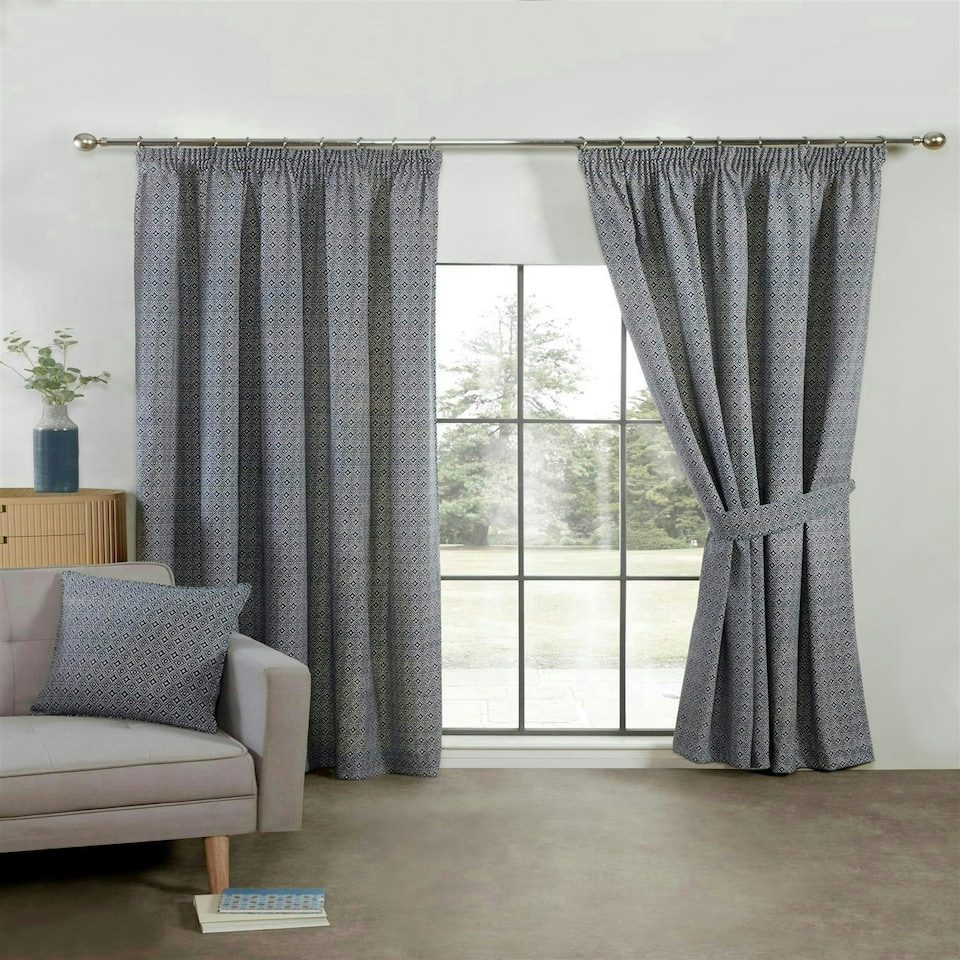 image 1 of Aztec Pencil Pleat Curtain Pair - Blue - 168cm x 137cm