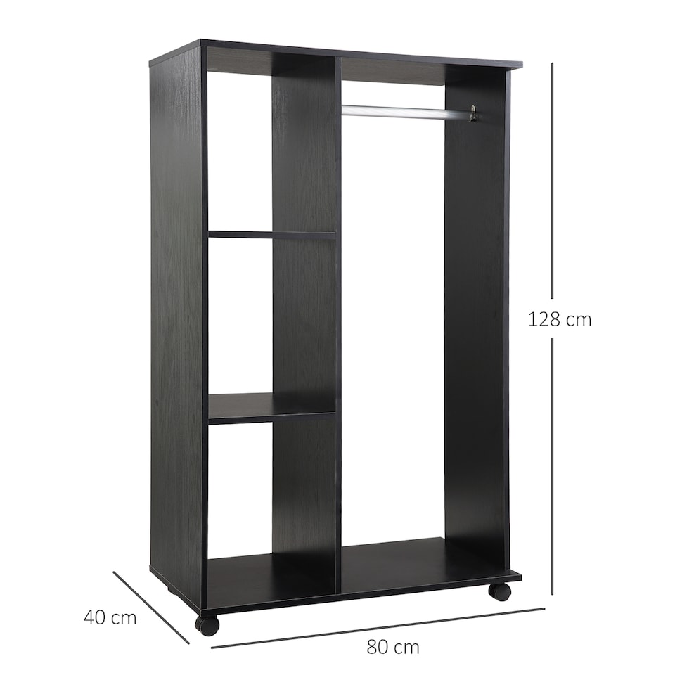 image 1 of HOMCOM Open Wardrobe on Wheels, Bedroom Wardrobe with Clothes Hanging Rail, 3 Storage Shelves, Mobile Garment Rack for Cloakroom, Hallway, Black
