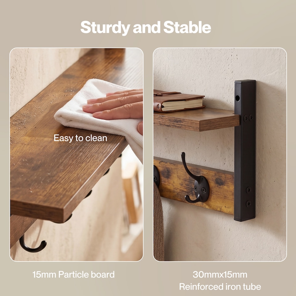 image 1 of Levede Coat Rack Wall Mounted Wooden Hooks Hangers Storage Shelf 2 Pack Brown