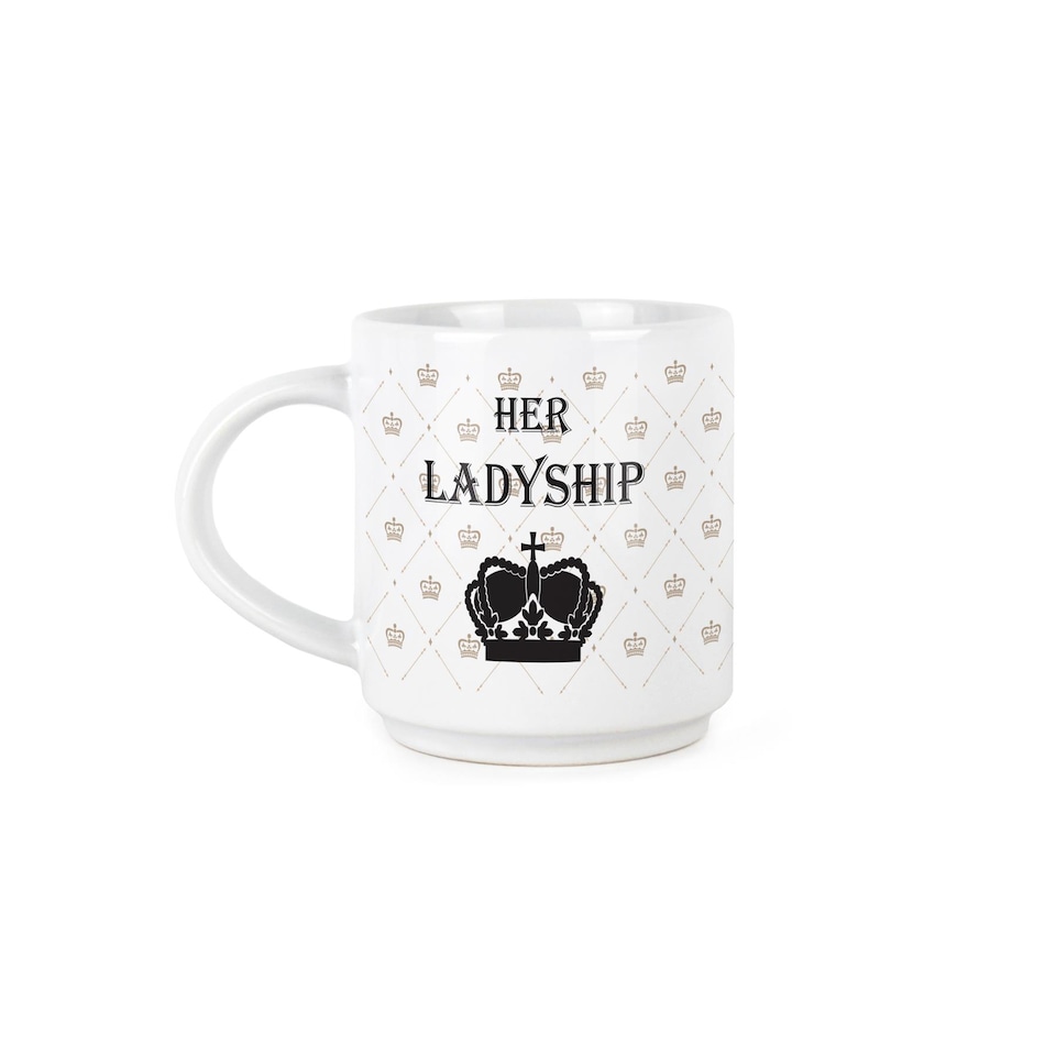 image 1 of Lady & Lordship Stacking Mugs Set - Regal Gifts for Couples Ceramic Cups Set of 2 with Metal Stand | White