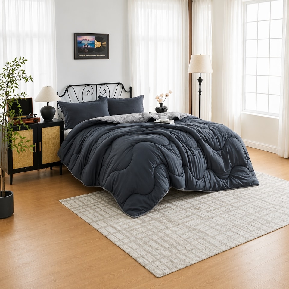 image 1 of 10.5 Tog Supersoft Microfibre Duvet with Pillowcases – Coverless or Use with Duvet Cover | Grey | Charcoal/Light Grey | Single
