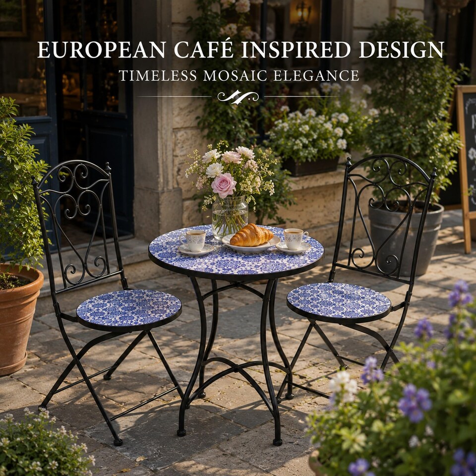 image 1 of Mosaic Bistro Set Three Piece Folding Outdoor Table and Chairs for Balcony Patio and Small Garden Dining
