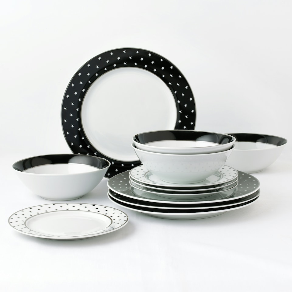 image 1 of 12pc Black Star with Platinum Band Rim Dinner Set