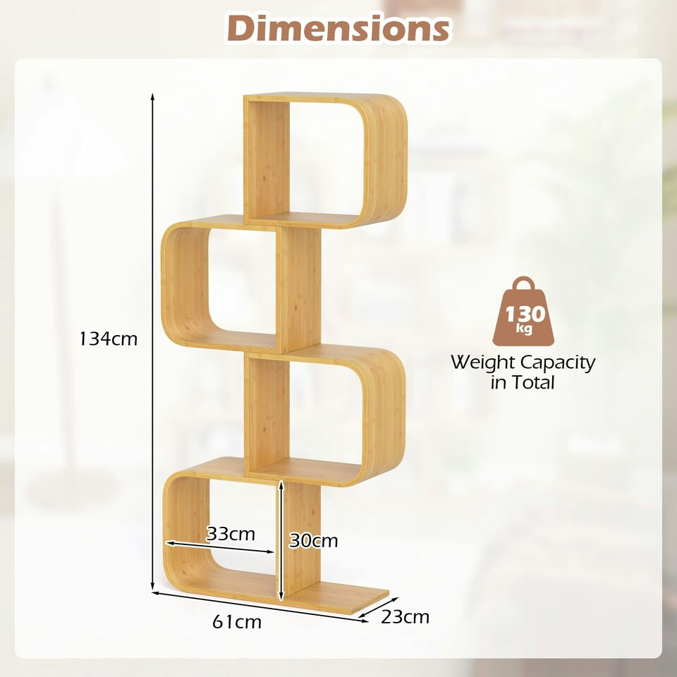 image 1 of COSTWAY 4-TierS-Shaped Bookcase, Bamboo Bookshelf Brown
