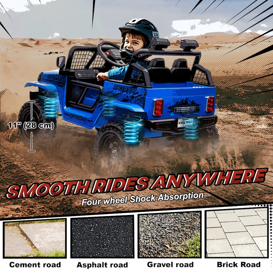 image 1 of AIYAPLAY Electric Car for Kids, 12V Kids Ride On Car with 4 Spring Suspension Wheels, Parental Remote Control, Music Horn LED Lights, Blue