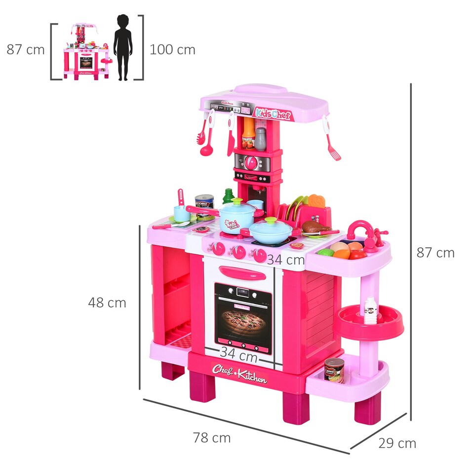 image 1 of HOMCOM 38-Piece Children's Kitchen Play Set w/ Realistic Sounds Lights Food Pink