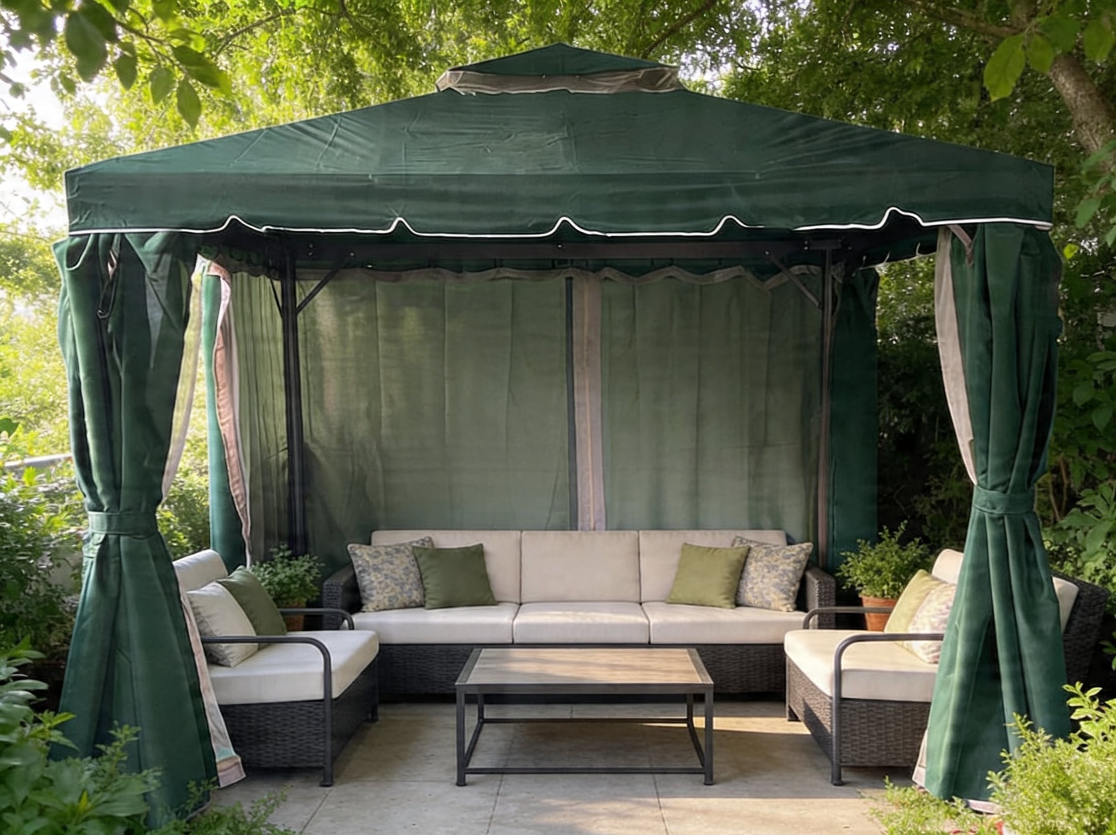 3m x 4m Garden Gazebo with Curtains & Mosquito Netting - Heavy-Duty Aluminium Frame, Waterproof Double Roof Patio Canopy