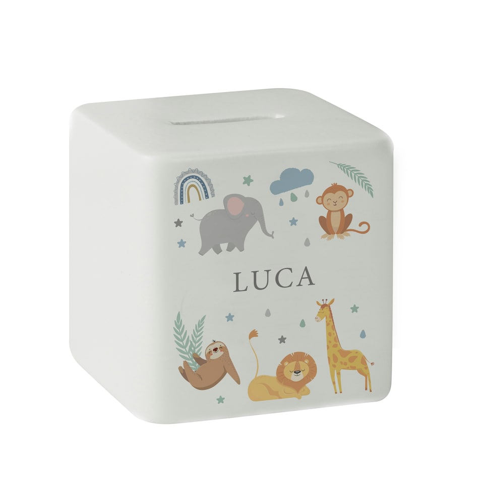 image 1 of Personalised Safari Animals Ceramic Square Money Box