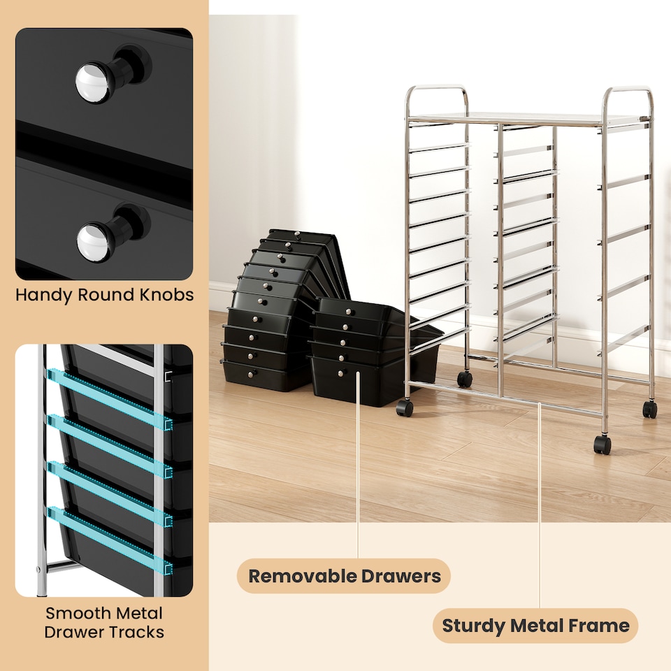 image 1 of COSTWAY 15 Drawer Rolling Storage Cart with Lockable Wheels Black