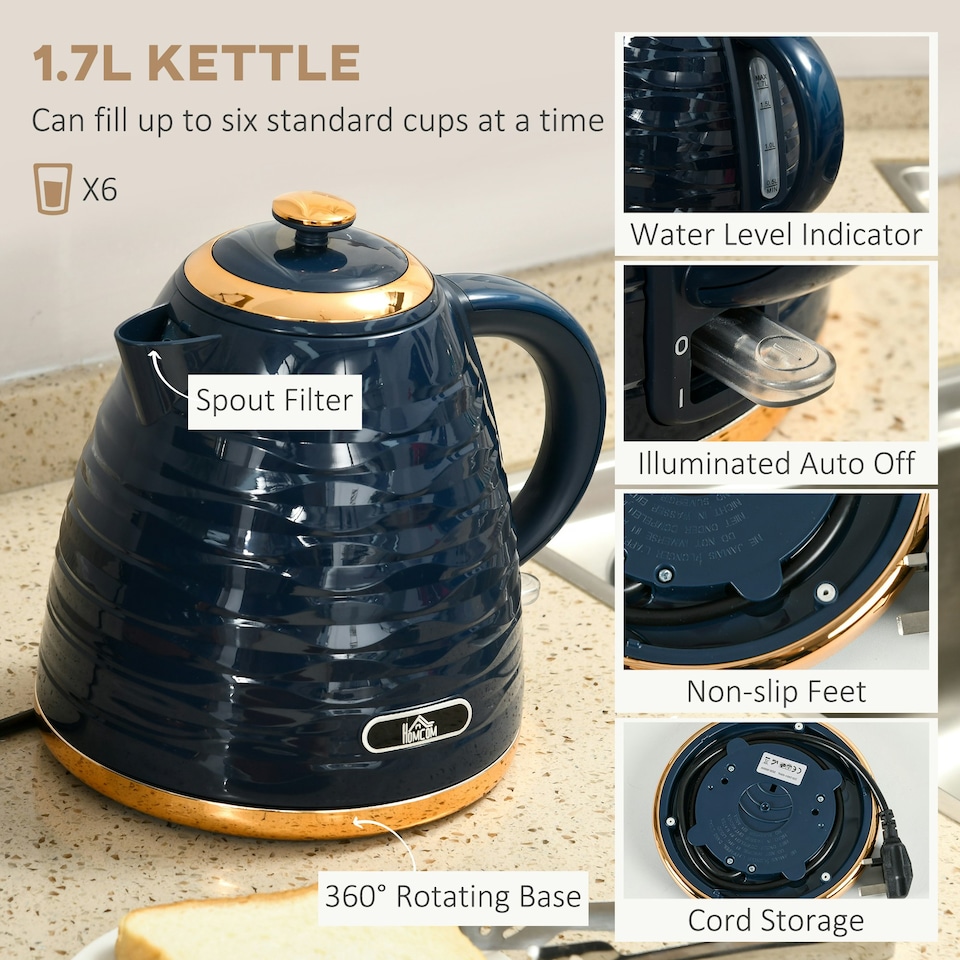 image 1 of HOMCOM Kettle and Toaster Set 1.7L Rapid Boil Kettle & 4 Slice Toaster Blue