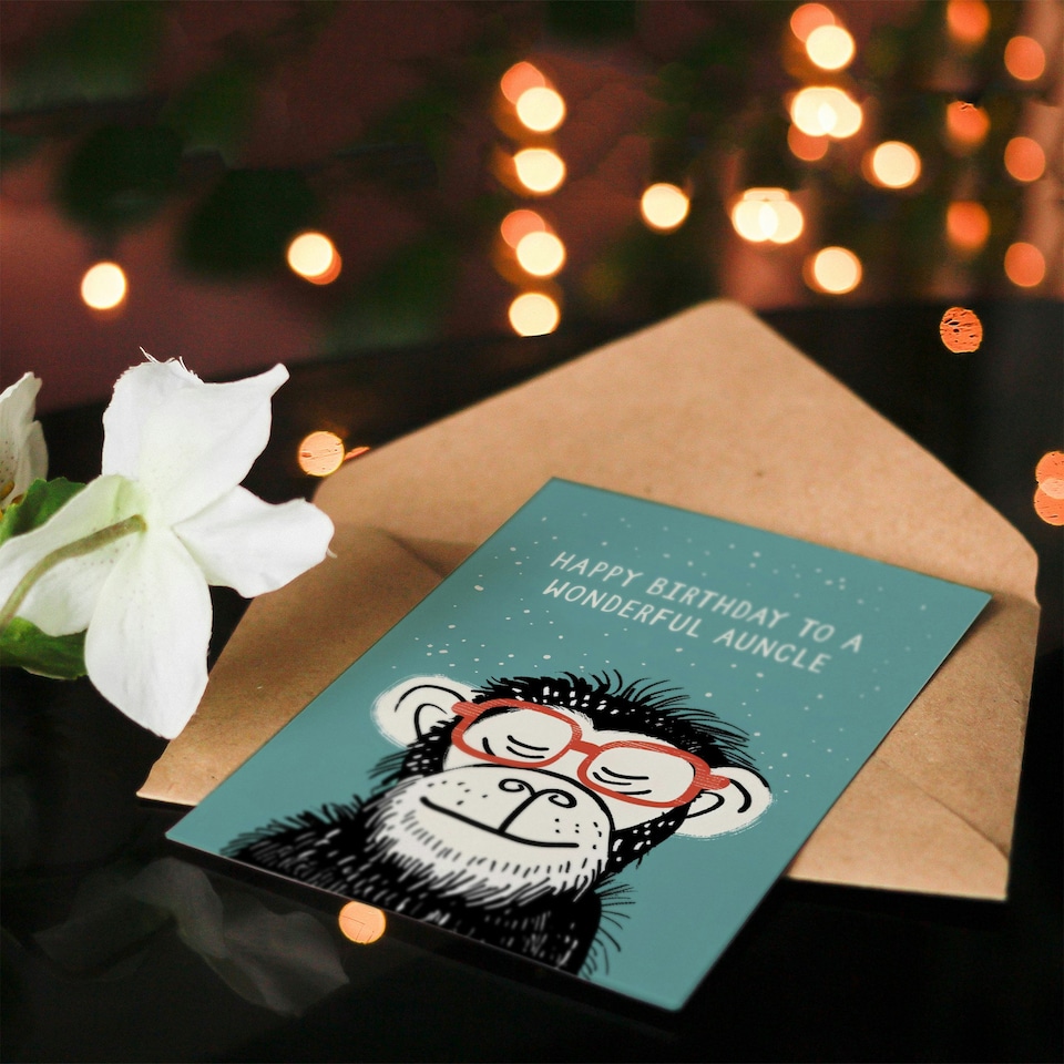 image 1 of Wonderful Auncle Cheeky Chimp Nerd Non Binary Birthday Card