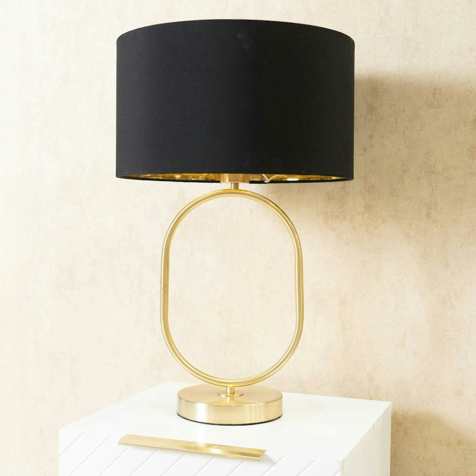 image 1 of ValueLights Antonia Black with Gold Inner Drum Shade Brushed Gold Oval Table Lamp with Bulb Gold