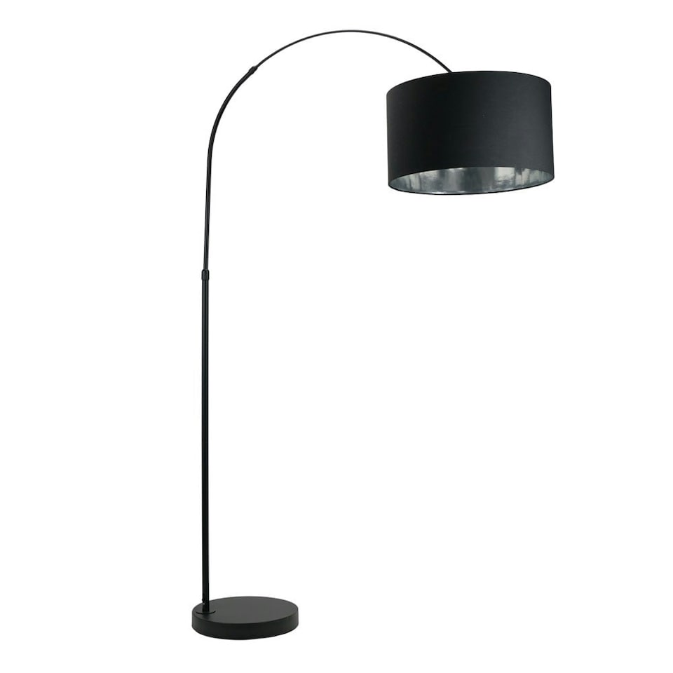 image 1 of ValueLights Louis Black Arched Floor Lamp with Black Drum Metallic Chrome Inner Shade & Bulb | Black