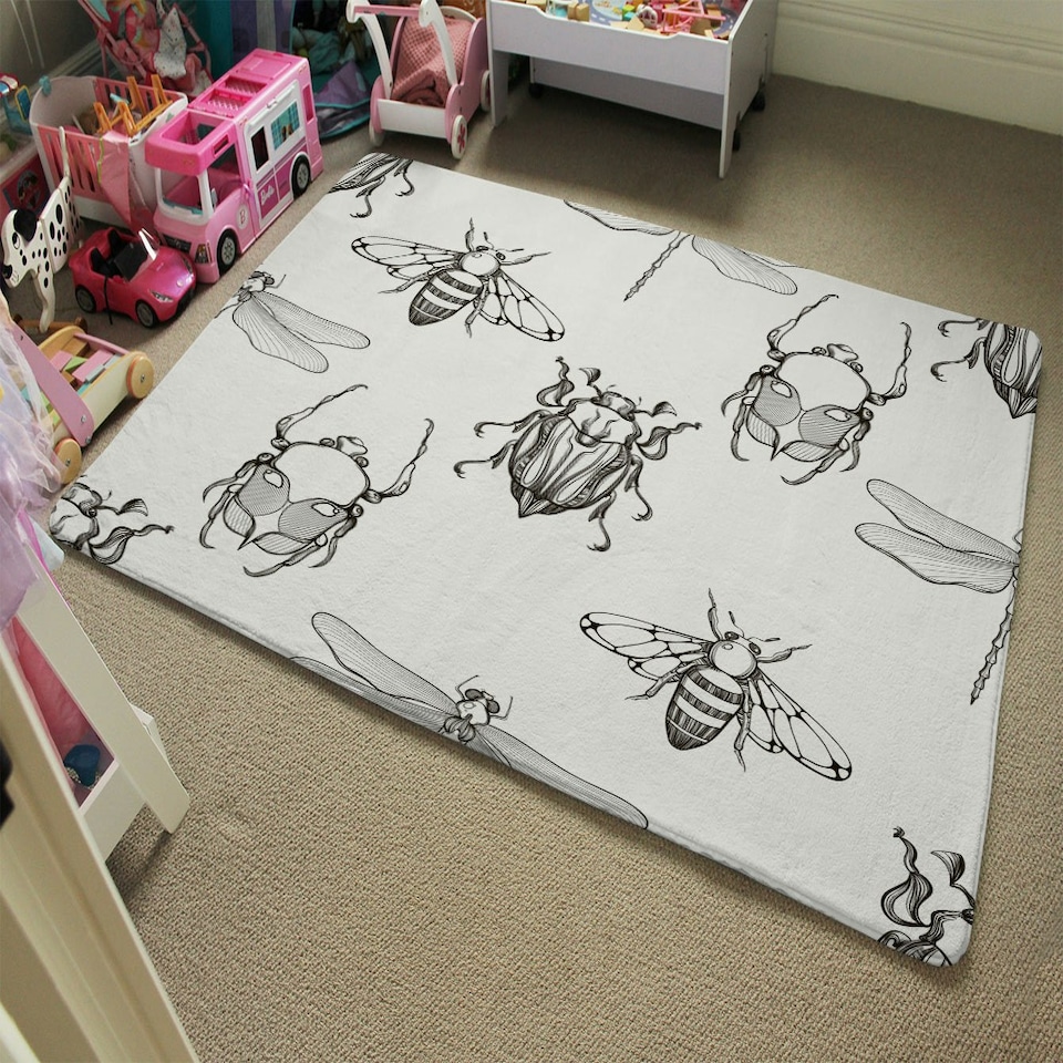 image 1 of Sketch of Scarab Beetle, May bug, Bee and Dragonfly (Rug) White | Small: 60x110cm