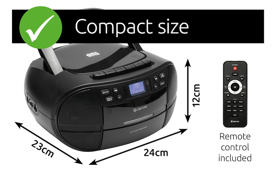 image 1 of Denver Portable Radio CD Tape Cassette Player With DAB Radio – Mains or Battery Power - TDC-280 | Black