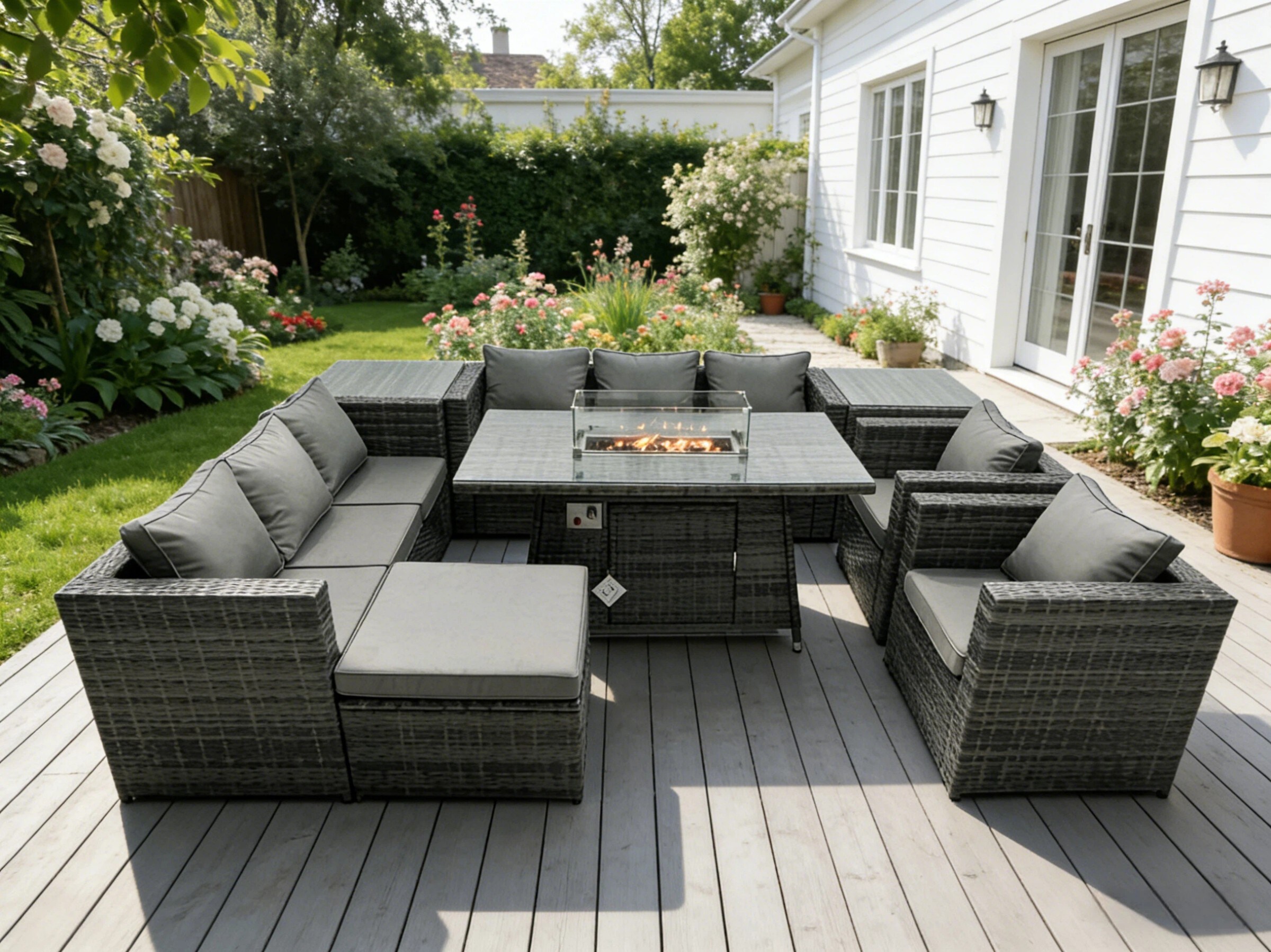 Fimous Outdoor Rattan Garden Furniture Gas Fire Pit Dining Table Sets Gas Heater Lounge Chairs Side Tables Dark Mixed Grey 9 Seater