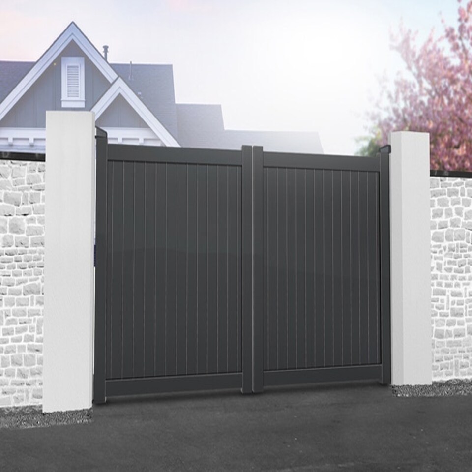image 1 of Double Swing Gate 4000x2000mm - Aluminium - Vertical Solid Infill and Flat Top - Grey Grey