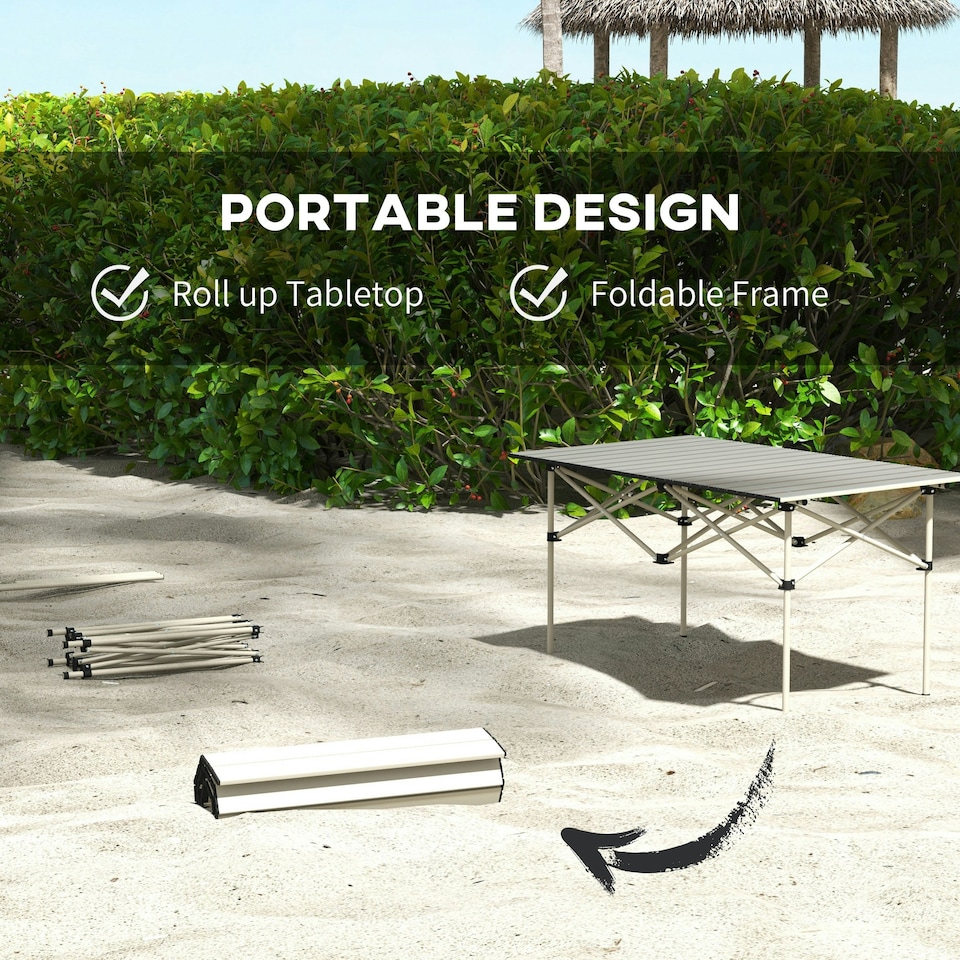 image 1 of Outsunny Portable Folding Camping Table w/ Roll Up Aluminium Top Carry Bag Khaki