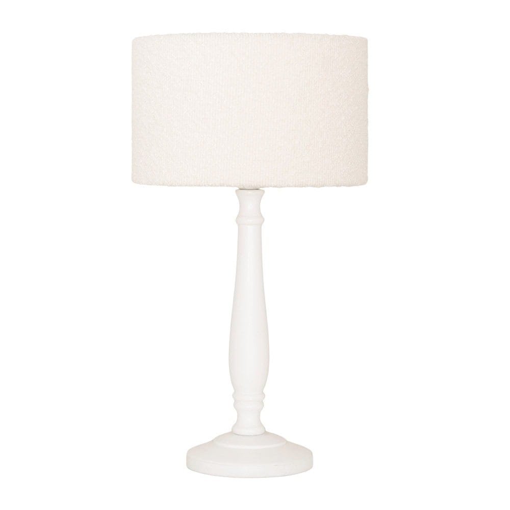 ValueLights Victoria Candlestick White Wood Table Lamp with Cream Boucle Drum Lamp Shade