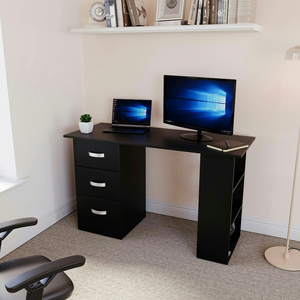 image 1 of Vida Designs Mason 3 Drawer 3 Shelf Computer Desk Home Office Workstation, Black