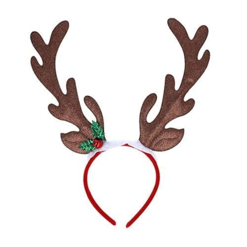 Brown Reindeer Antlers Glitter Headband with Holly