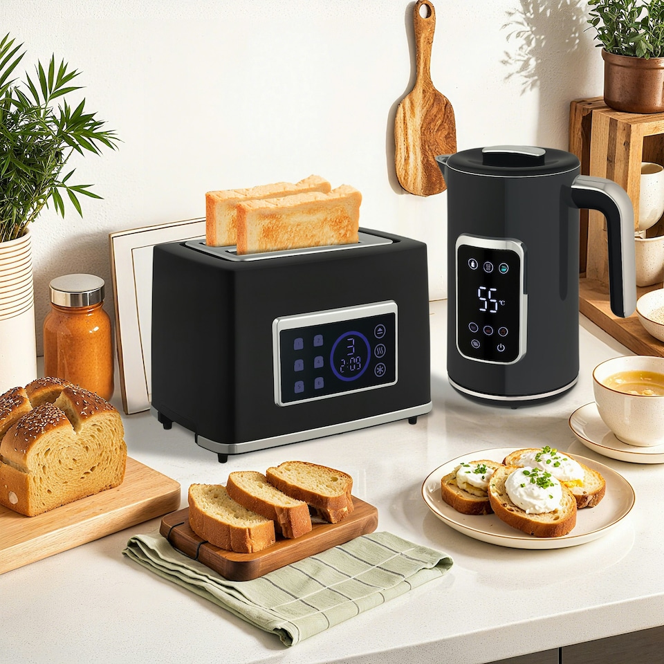 image 1 of HOMCOM 1.7L 3000W Rapid Boil Kettle and 2 Slice Toaster Set Crumb Tray Black