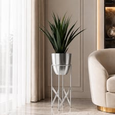Artificial Yukka Plant Metal Planter Stand Silver 90cm Tall Realistic Premium Botanik | Silver