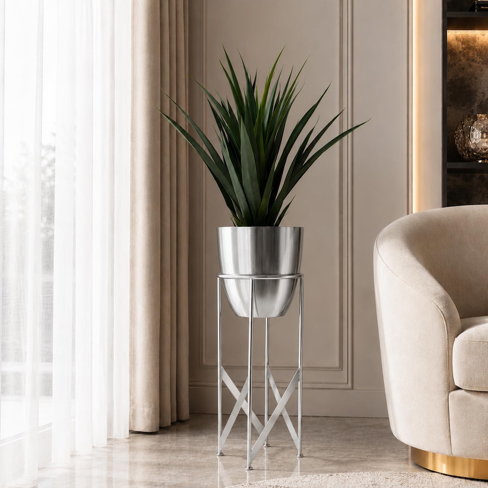 image 1 of Artificial Yukka Plant Metal Planter Stand Silver 90cm Tall Realistic Premium Botanik | Silver