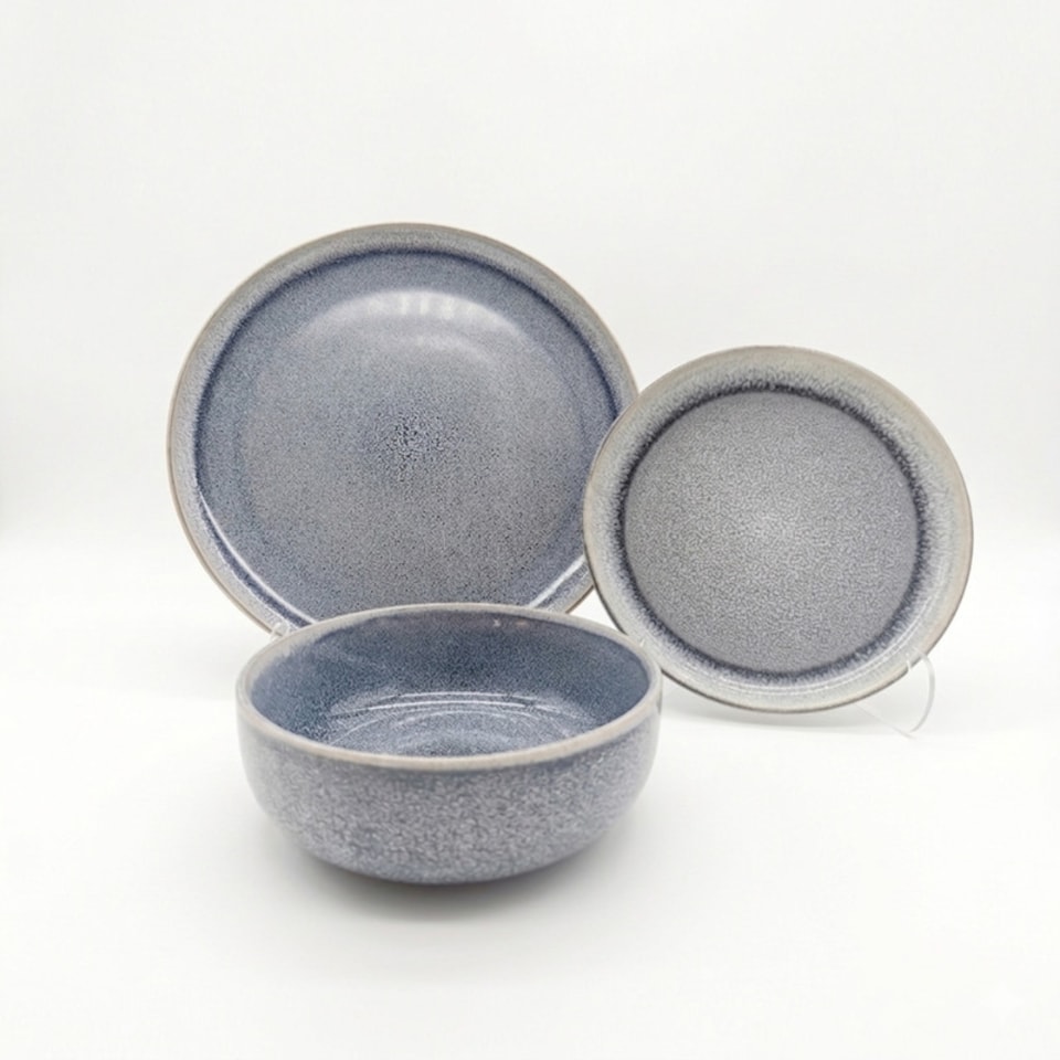 image 1 of Reactive Ash Blue Glaze Dinner Set Plates Bowls 12pc Set
