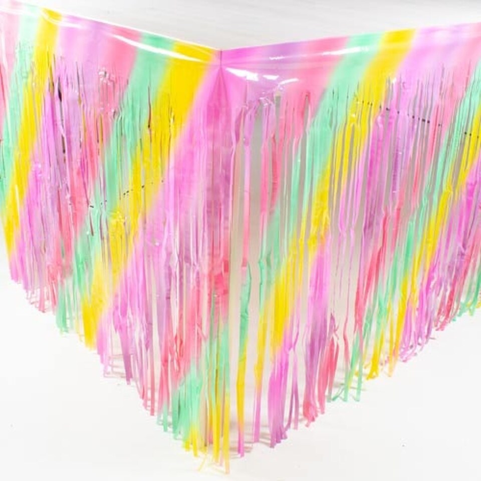 image 1 of Pastel Rainbow Plastic Fringe Table Skirt 160cm x 70cm