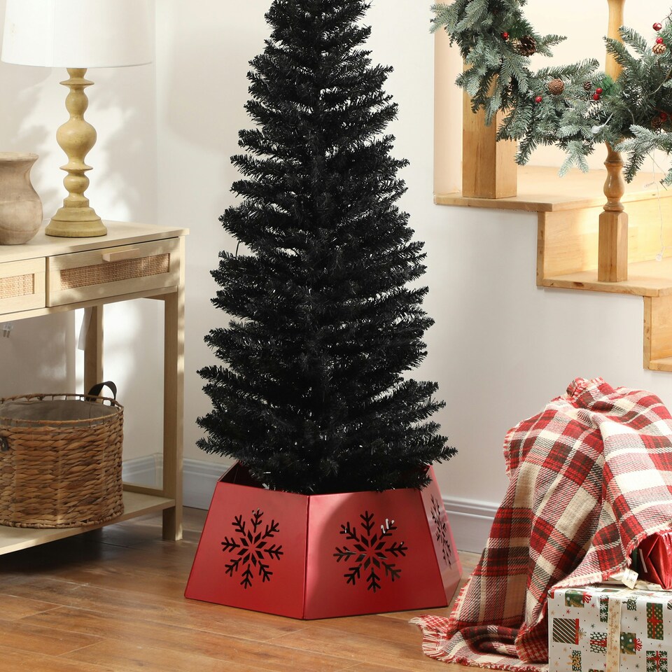 image 1 of HOMCOM Hexagon Christmas Tree Base Cover with Hollow Snowflake Patterns Red